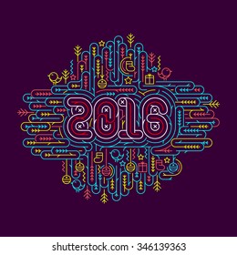 Flat line Christmas and New Year 2016 vector illustrations for greeting cards, banners