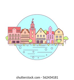 Flat Line city icon, website elements layout of Urban Landscape. Buildings in the circle