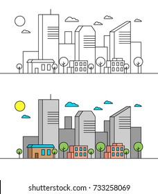 Flat line city street landscape view concept with buildings, trees, shops. Editable strokes. Minimal linear icon illustration. EPS10