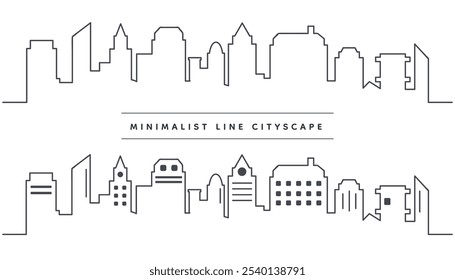 Conjunto de Ícones de Paisagem de Cidade de Linha Plana. Urban Skyline, Modern City e Architectural Line Art. Paisagens urbanas minimalistas, Contornos da cidade e Silhuetas Skyline. Arte de Linha Plana para Pôsteres, Impressões e Design Urbano