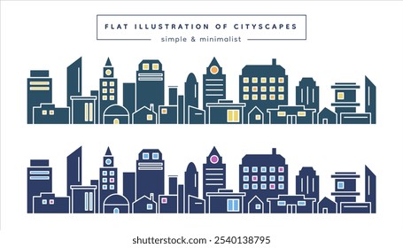Flat Line Cityscape Icon Set. Urban Skyline, Modern City, and Architectural Line Art. Minimalist Cityscapes, Town Outlines, and Skyline Silhouettes. Flat Line Art for Posters, Prints, and Urban Design