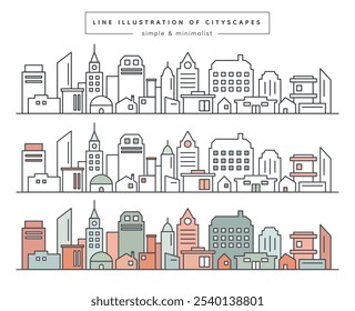 Flachzeiliges Stadtlandschaftssymbol. Urban Skyline, Modern City und Architectural Line Art. Minimalistische Stadtlandschaften, Stadtumrisse und Skyline Silhouetten. Flache Linienkunst für Poster, Prints und Urban Design