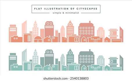 Flat Line Cityscape Icon Set. Urban Skyline, Modern City, and Architectural Line Art. Minimalist Cityscapes, Town Outlines, and Skyline Silhouettes. Flat Line Art for Posters, Prints, and Urban Design