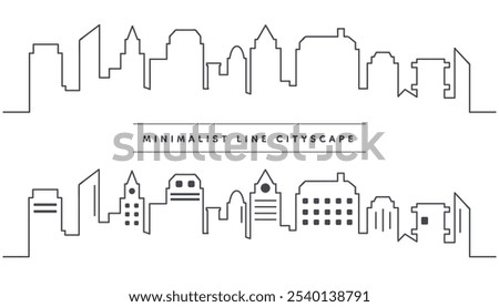 Flat Line Cityscape Icon Set. Urban Skyline, Modern City, and Architectural Line Art. Minimalist Cityscapes, Town Outlines, and Skyline Silhouettes. Flat Line Art for Posters, Prints, and Urban Design