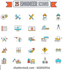 Flat line civil engineering and construction site icon. And tool or equipment sign and symbol icon collection set. Create by vector to suit flat line icon design for creative  usage.