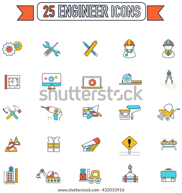 Flat line\
civil engineering and construction site icon. And tool or equipment\
sign and symbol icon collection set. Create by vector to suit flat\
line icon design for creative \
usage.