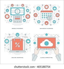 Flat line Cloud Computing, Internet Shopping, Mobile Payments, Business Concepts Set Vector illustrations. Modern thin linear stroke vector icons. Website Header Graphics, Banner, Infographics. 