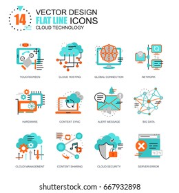 Flat Line Cloud Technology Icons Concepts Set For Website And Mobile Site And Apps. Computing Network, Cloud Platform Services. New Style Flat Simple Pictogram Pack. Vector Illustration.