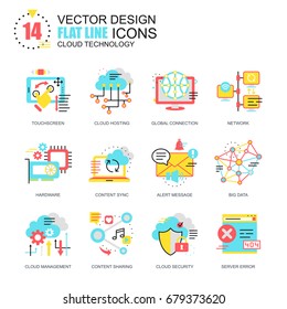 Flat line cloud technology icons concepts set for website and mobile site and apps. Computing network, cloud platform services. New style flat simple pictogram pack. Vector illustration.