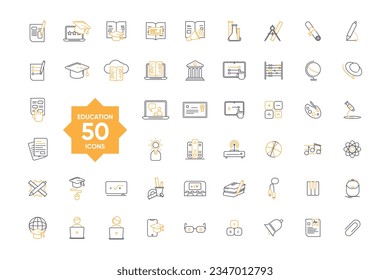 Flat line collection set of vector line icons of education. Natural and mathematical science, additional education, tutorship or freelance. Set of flat signs and symbols for web design and apps.