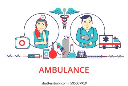 Flat line color banners. Design Concepts for Medicine and Health care, Ambulance, On line Treatment. Vector illustration for web, info graphic