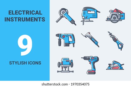 Flat Line Color Icons Collection Of Power Tools. Vector Illustration. Hand Construction Tool For Renovation Work.