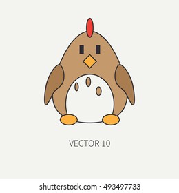 Flat line color vector icon with cute animal for baby products - chicken. Cartoon style. Childrens doodle. Babyhood. Newborn. Vector illustration and element for your design, wallpaper. Kids. Farm.