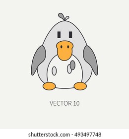 Flat line color vector icon with cute animal for baby products - duck. Cartoon style. Childrens doodle. Babyhood. Newborn. Vector illustration and element for your design, wallpaper. Kids. Farm. Toy.