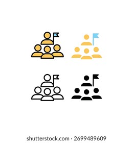Ícones vetoriais de linha plana e colorida de um líder segurando uma bandeira com membros da equipe, simbolizando liderança, trabalho em equipe, motivação e sucesso nos negócios. Ideal para gerenciamento e design estratégico. 