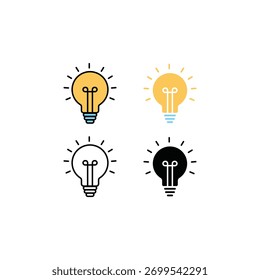 Flat, line, and color line vector icons of a light bulb symbolizing creativity, innovation, ideas, and inspiration. Perfect for business, education, startup, and creative thinking design.