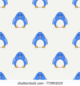 Flat line color vector seamless pattern cute animal for baby products - penguin. Cartoon style. Childrens doodle art. Babyhood. Newborn. Vector illustration, element for design, wallpaper. Kids toy.