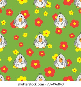 Flat line color vector seamless pattern cute animal for baby products - duck. Cartoon style. Childrens doodle. Flowers. Newborn. Vector illustration, element for design, wallpaper. Kids toy. Farm