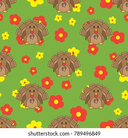 Flat line color vector seamless pattern cute animal for baby products - turkey. Cartoon style. Childrens doodle. Flowers. Newborn. Vector illustration, element for design, wallpaper. Kids toy. Farm