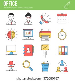 Flat line color web icon set - Office. Vector illustration for your design