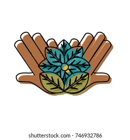 flat line colored hand with flower  over white background  vector illustration