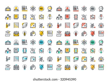 Flat line colorful icons collection of education and knowledge theme, basic and elementary study, university and college courses, distance education, webinar audio course, literature and e-book. 