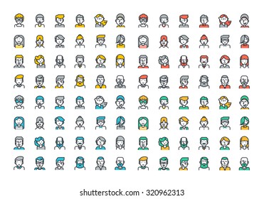 Flat line colorful icons collection of people avatars for profile page, social network, social media, different age man and woman characters, professional human occupation, portfolio.