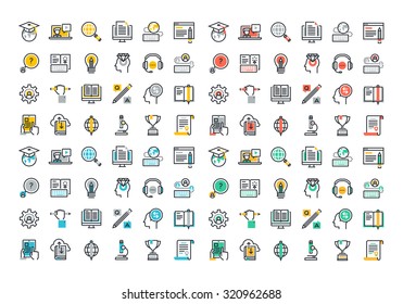 Flat line colorful icons collection of global education, e-learning, online training and courses, video tutorials, staff training, digital library, retraining and specialization. 