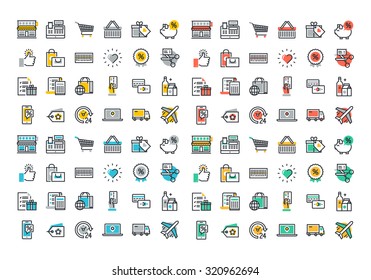 Flat Line Colorful Icons Collection Of Retail Shopping Activity, Shopping And Buying Products, Logistics Services And Price Scanning, Consumer Items For Selling, Online Shopping, Discounts And Coupons