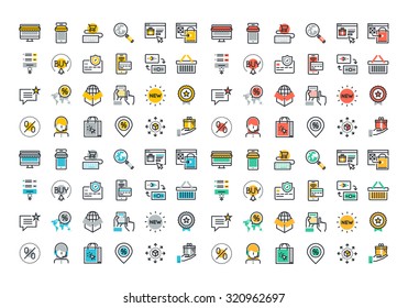 Flat line colorful icons collection of online shopping symbols, e-commerce and m-commerce services, discount for products, payment procedure, support and delivery process, online order procedure.