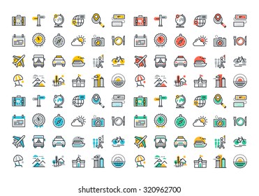 Flat line colorful icons collection of travel and tourism theme, holiday trip planning, online travel services, tour organization, air travel to cruise, summer and winter vacation, city break.