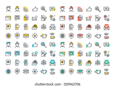 Flat Line Colorful Icons Collection Of Social Network, Social Media, Modern Forms Of Communication, Digital Marketing, Sharing Media Information, People Networking Communication.