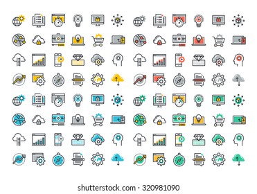 Flat line colorful icons collection of website and app development, seo, website maintenance, online security, cloud computing, web programming process, API interface coding, mobile app UI making.