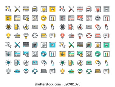 Flat line colorful icons collection of web design and development, responsive design, app development, online security, web programming, mobile website development.