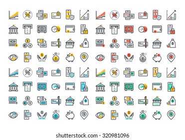 Flat line colorful icons collection of online payment, m-banking, , money savings and finance tools, banking services, financial management items, business accounting, internet payment security