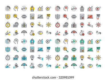 Linha plana ícones coloridos coleção de estratégia de negócios, crescimento do dinheiro, planejamento financeiro, carteira de investimento, financiamento crowdsource, análise de dados de mercado, seguros.