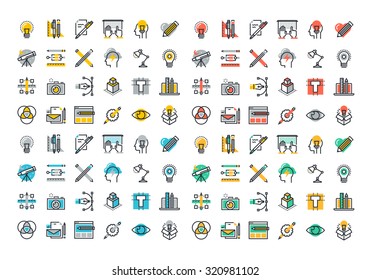 Flat line colorful icons collection of graphic design, web design, photography, industrial design, logo design, branding, corporate identity, stationary, product design.