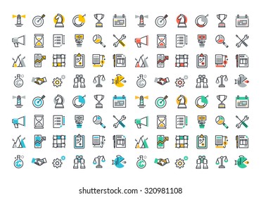 Flat line colorful icons collection of corporate business economics, global market strategy vision, partnership teamwork organization, success business, marketing, planning and analytics.