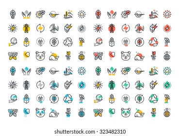 Flat line colorful icons collection of renewable energy, green technology, ecology, environment, life with nature, natural products and power