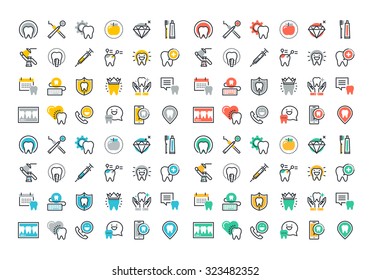 Flat line colorful icons collection of dental services, equipment and products for dental care, online support, dental treatment and prosthetics