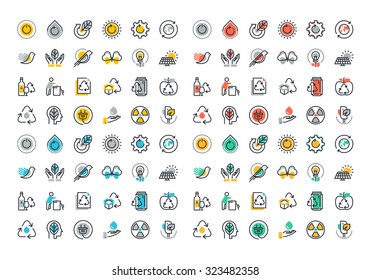 Flat line colorful icons collection of recycling, waste management , green energy, biodegradable materials, environmental protection, raising awareness of nature protection