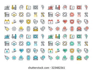 Flat Line Colorful Icons Collection Of Healthcare Services, Online Medical Support, Health Insurance, Pharmacy And Family Health Care, Disease Prevention