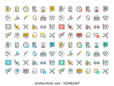 Flat Line Colorful Icons Collection Of Medicine Theme, Healthcare Diagnosis And Treatment, Laboratory Tests, Medical Supplies, Medicines And Equipment, Biochemical And Microbiological Analysis