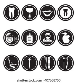 Flat line colorful icons collection of dental services, equipment and products for dental care, online support, dental treatment and prosthetics