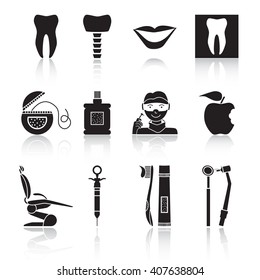 Flat line colorful icons collection of dental services, equipment and products for dental care, online support, dental treatment and prosthetics