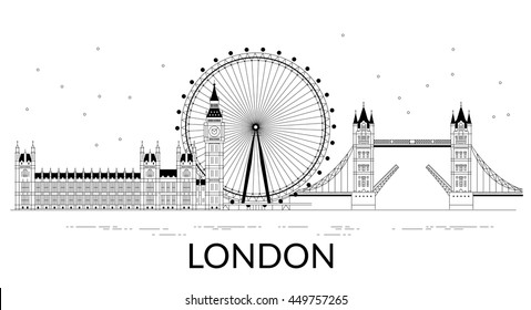 Flat line colorful illustration of London. Template for travel, adventure, vacation. Concept for web banners and printed materials. Template with buttons for website banner and landing page.