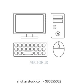 Flat line computer part icon - pc. Vector illustration and design elements.