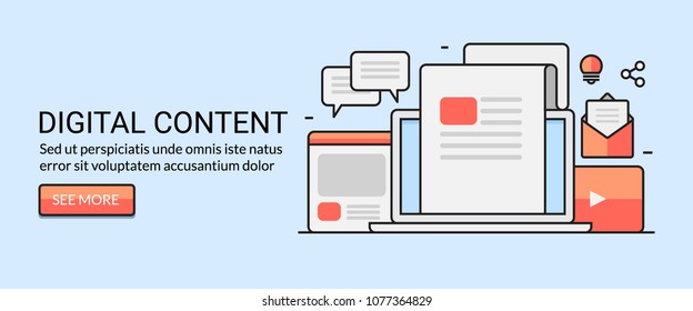 Flat line concept for Digital content, content marketing, email campaign and video promotion vector illustration