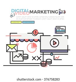 Flat line concept of Digital and Video Marketing , web banner , modern style , vector illustration