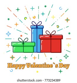 Flat line concept Gift boxes, Valentine`s day card, vector.